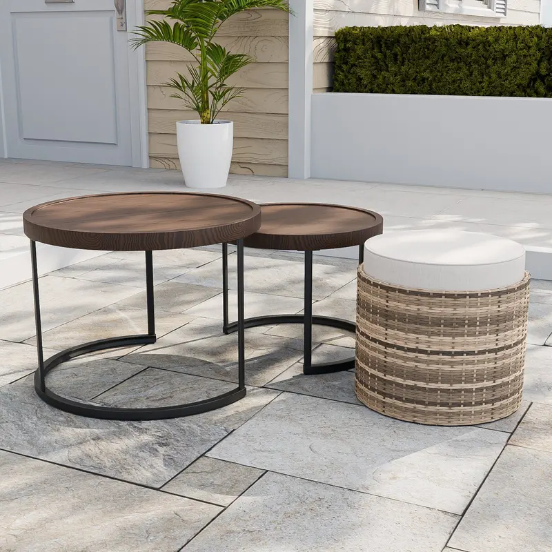 Sunset Dune Outdoor Patio Set – Two Nesting Coffee Tables & Ottoman 1