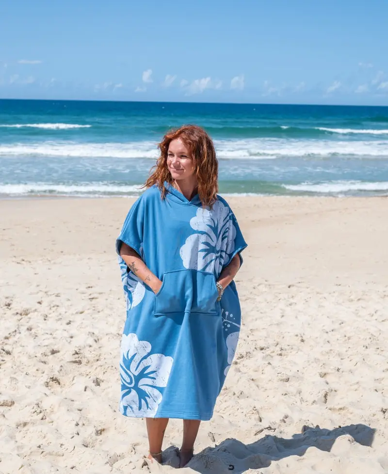 Surf Poncho With Hibiscus Print In Surf Blue 1