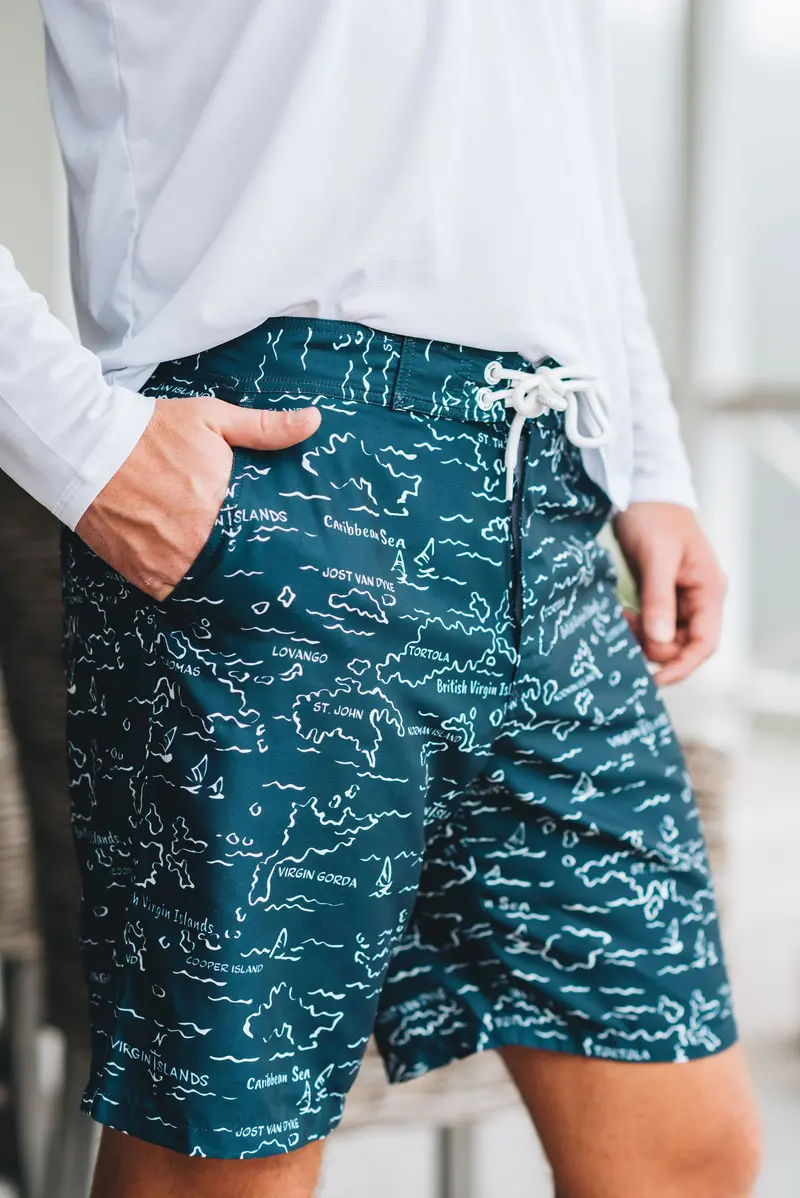 Tobago Board Shorts Featuring Vintage Vi Map Indigo Print 1