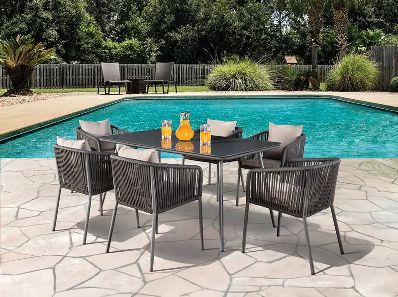 Tushari 7-Piece Outdoor Dining Set By Furniture Of America – Light Grey Patio Table & Chair Ensemble 1