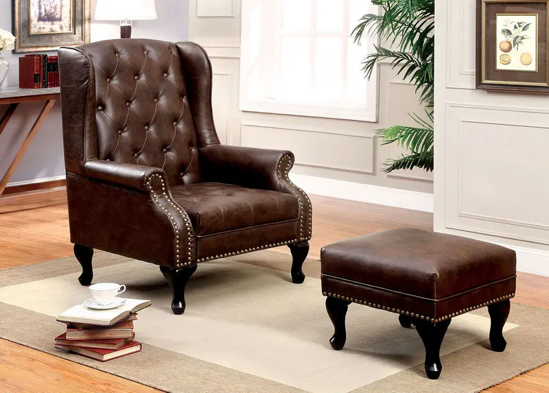 Vaugh Accent Chair And Matching Ottoman Set By Furniture Of America (Cm-Ac6801Br-Set) 1