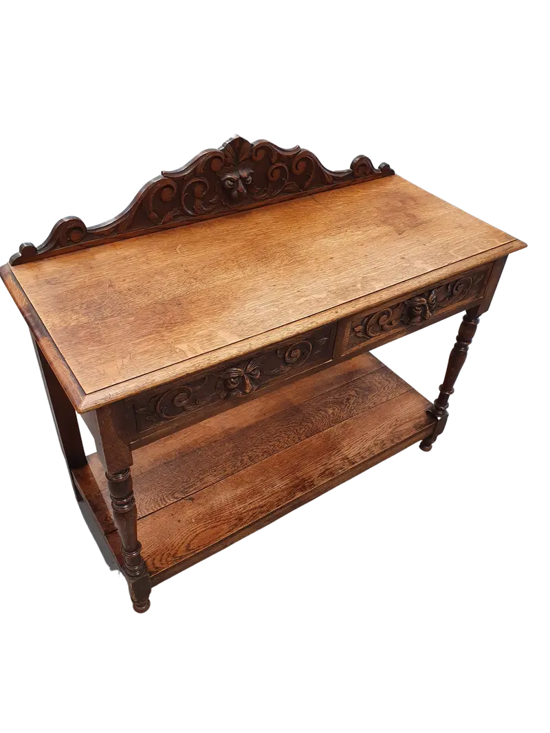 Victorian Gothic Oak Side Table – Carved Round Design With Green Mask Motif, C. 1920 1