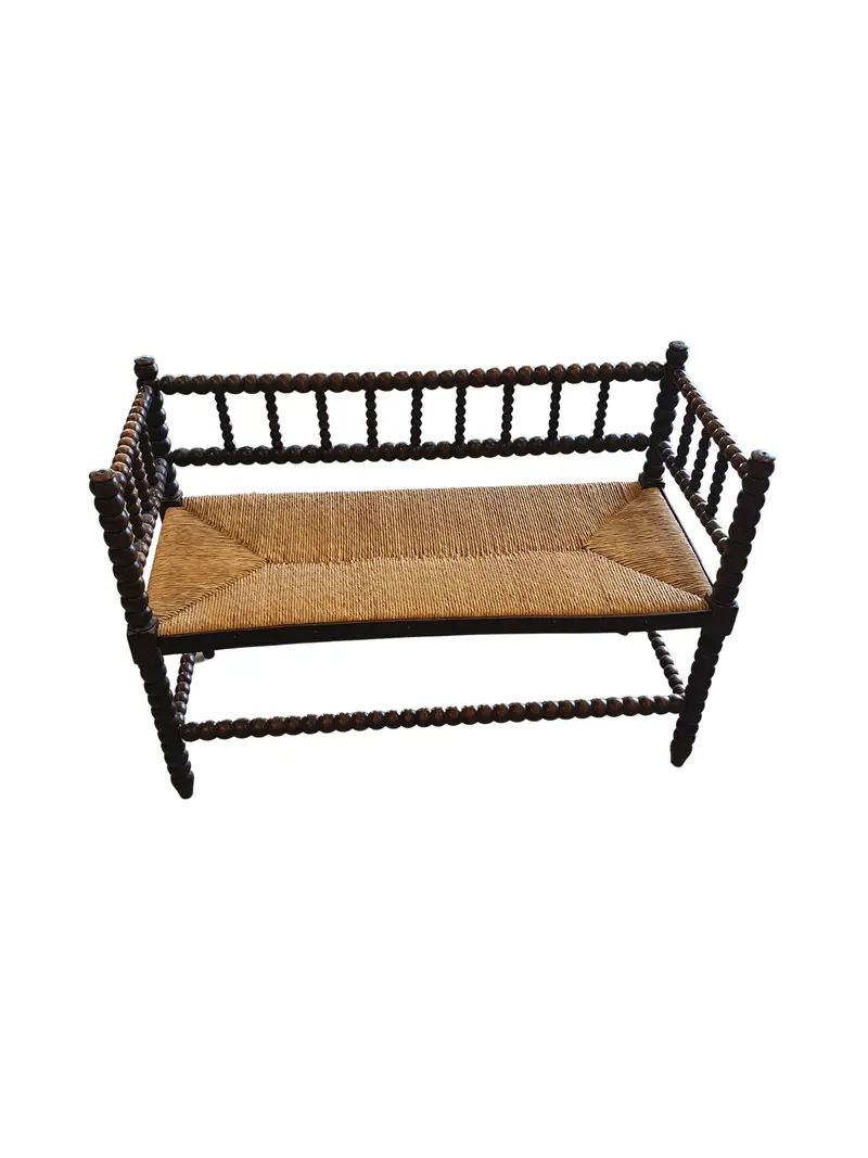 Vintage Bobbin Bench With Rush Seat – Turned-Leg English Country Style, C. 1920 1