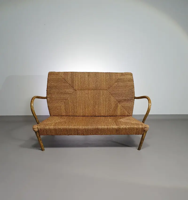 Vintage French Papercord Sofa On Powder-Coated Metal Frame 1